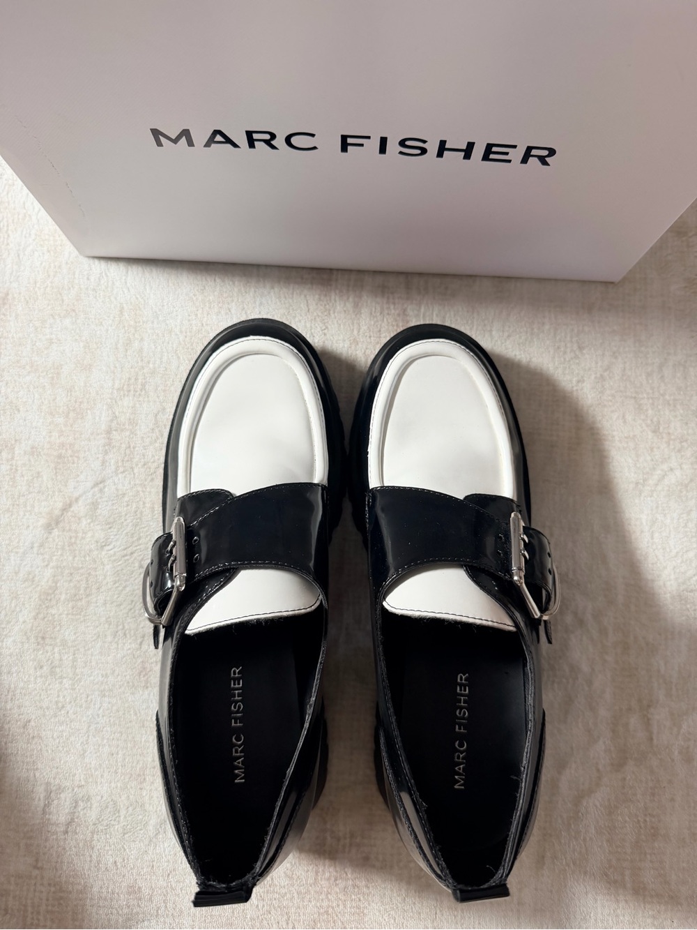 Marc Fisher Black & White Lug Sole Loafers | Buckle Detail | Size 8 | NWB